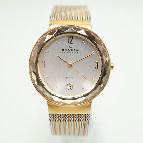 Skagen Slim Two Tone Date 35mm Unisex Watch Steel Mesh Facet Crystal New Battery - Picture 5 of 13